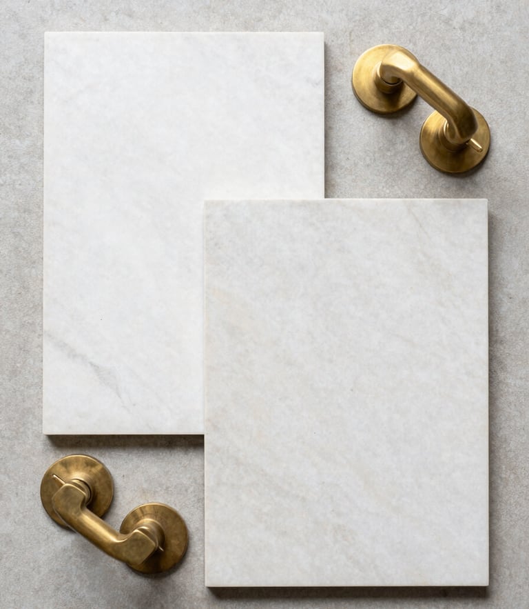 Top-down flat lay of honed marble tile samples and solid-brass fixtures on a neutral concrete background, bright diffused daylight, sharp focus