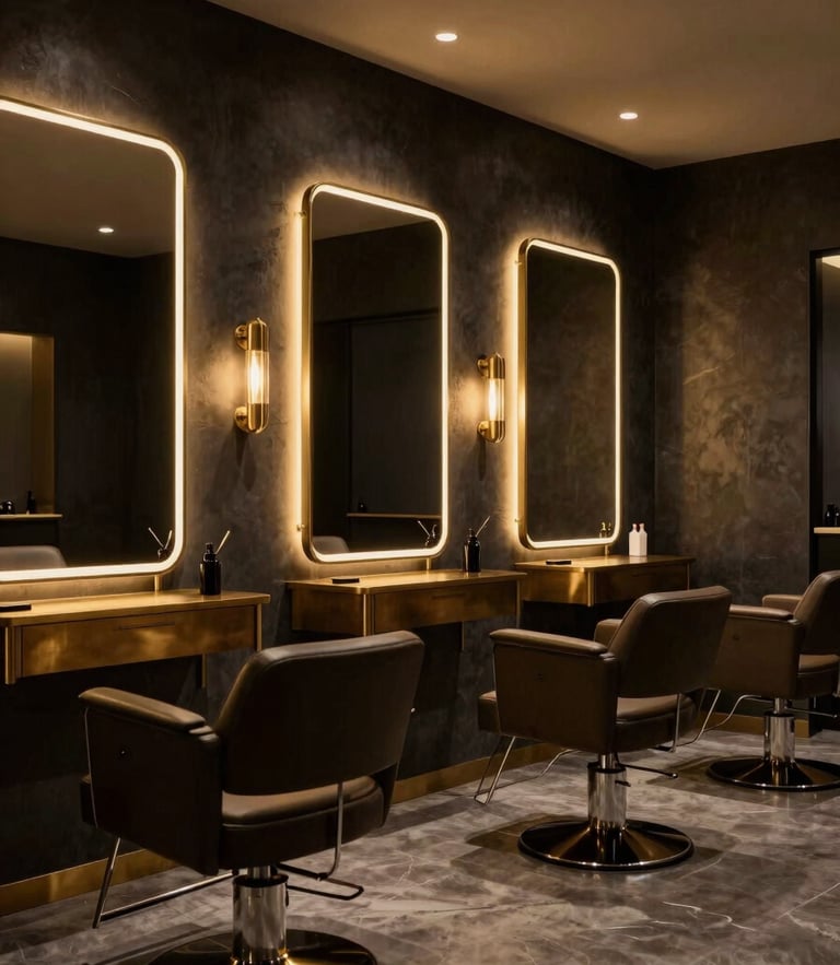 Moody editorial photography of a high-end luxury salon interior with warm golden lighting, dark charcoal walls, brass fixtures, minimalist styling chairs, 85mm lens