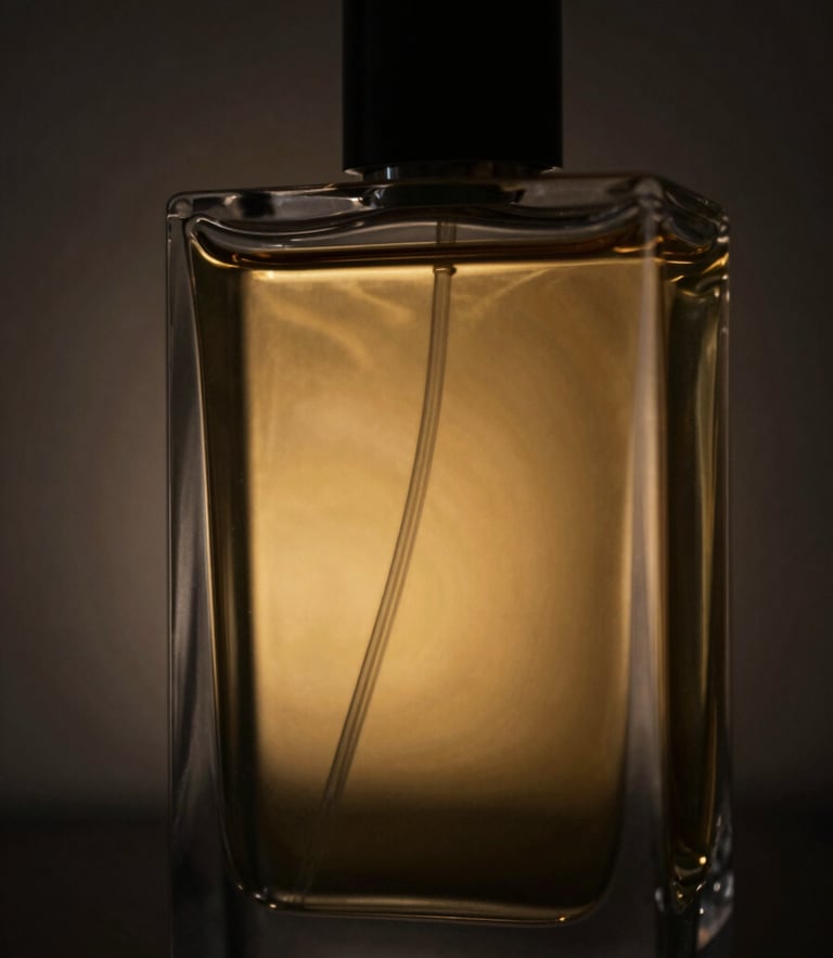 Extreme close-up of a heavy glass perfume bottle reflecting warm golden-hour light, dramatic chiaroscuro shadows, luxurious, minimal