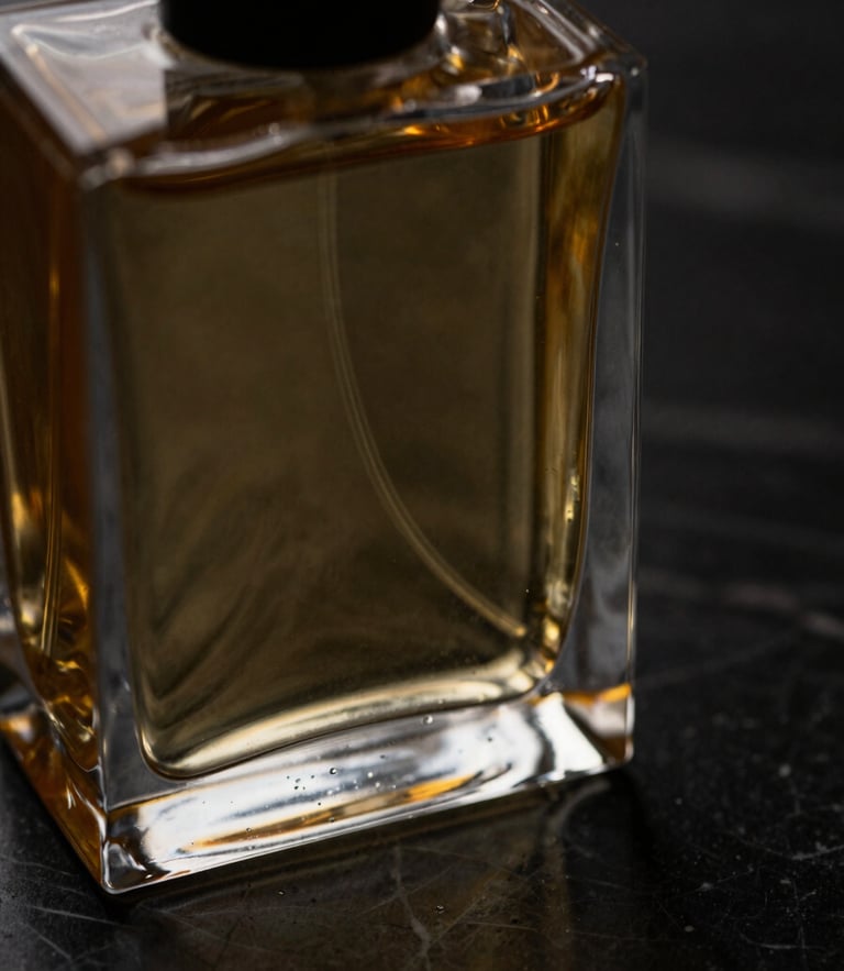 Extreme close-up of a heavy glass perfume bottle reflecting golden light on a dark marble surface, dramatic chiaroscuro lighting, shallow depth of field
