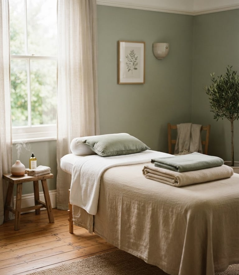 Softly lit quiet treatment room with a massage table, diffused natural morning light, muted sage and sand tones, 35mm photography