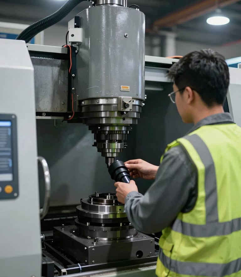 Eye-level documentary shot of an industrial trainee in high-visibility vest operating a heavy CNC milling machine under sharp overhead workshop lighting, cool desaturated tones.