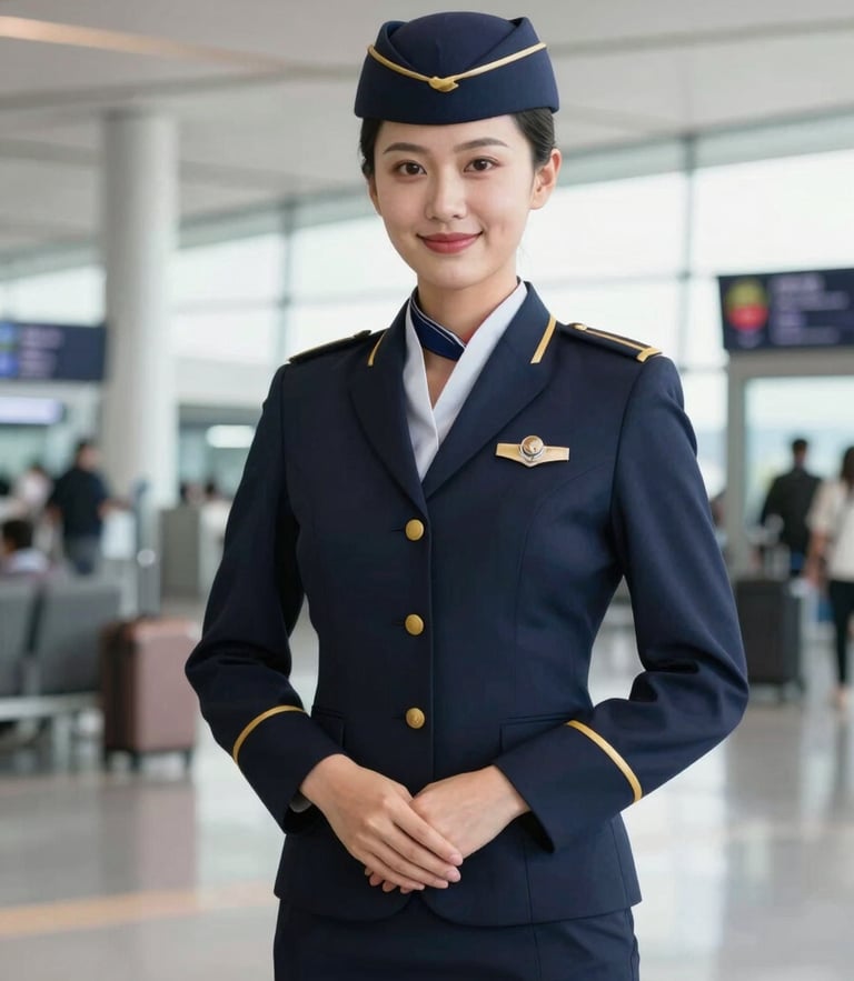 A professional female flight attendant in a sharp navy uniform with gold accents, smiling confidently inside a modern airport terminal, bright daylight, 35mm lens