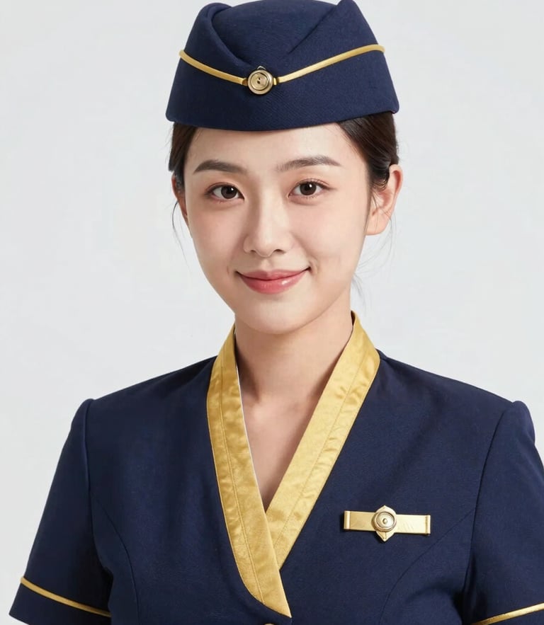 Close-up portrait of a female flight attendant student in pristine navy and gold uniform, smiling confidently in bright natural daylight, clean studio background