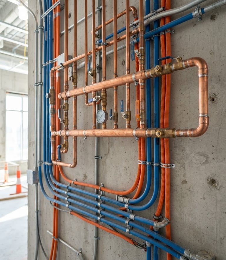 Tight macro shot of clean copper pipe manifolds and electrical conduit runs in a commercial facility, bright natural construction light, sharp technical details.