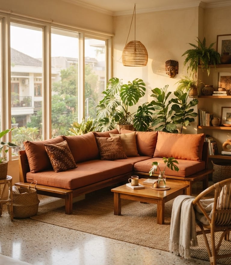 Cozy Indonesian apartment living room with warm light, a sleek modular wooden sofa with terracotta cushions, indoor plants like monstera, soft morning sun, 35mm photography
