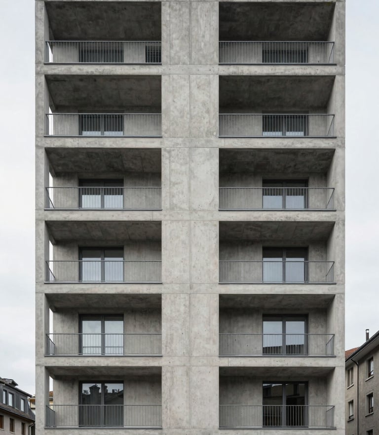 Straight-on architectural elevation of a modern concrete and steel residential building in Lausanne, soft diffused daylight, clean structural lines, minimalist Swiss design.