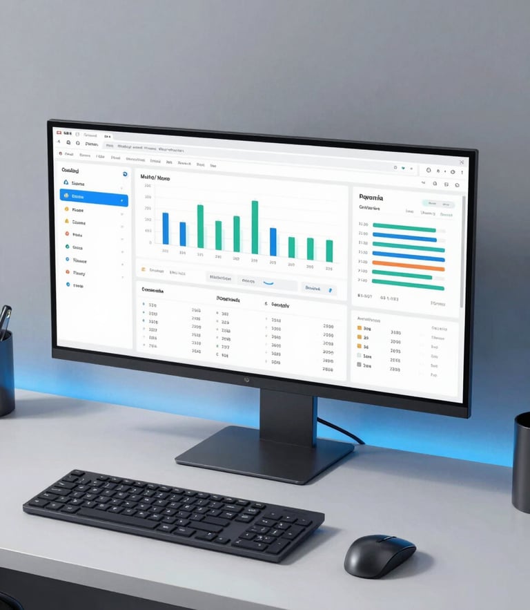 A modern minimal desk setup with an ultra-wide monitor displaying clean sales analytics dashboards, cool studio lighting with subtle electric blue highlights, sharp focus