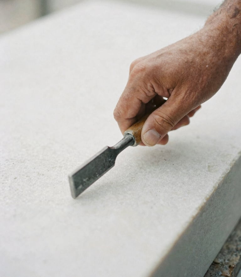 Close-up of a master stonemason's hand guiding a chisel on a raw white marble block, soft overcast daylight, shallow depth of field, 35mm film texture