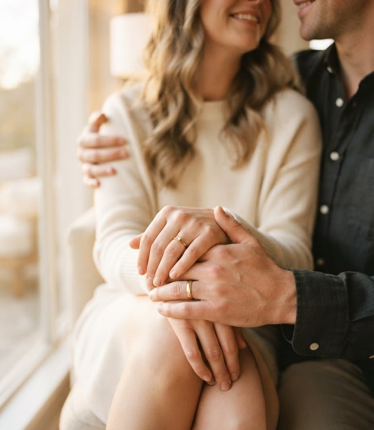 Intimate close-up of a modern couple, hands gently touching, soft golden-hour window light, warm creamy neutral tones, shallow depth of field, 35mm film