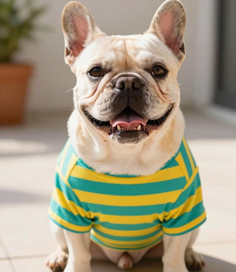 A happy French Bulldog wearing a colorful handmade teal and yellow striped shirt, sitting on a sunny patio, eye-level shot, warm daylight, shallow depth of field