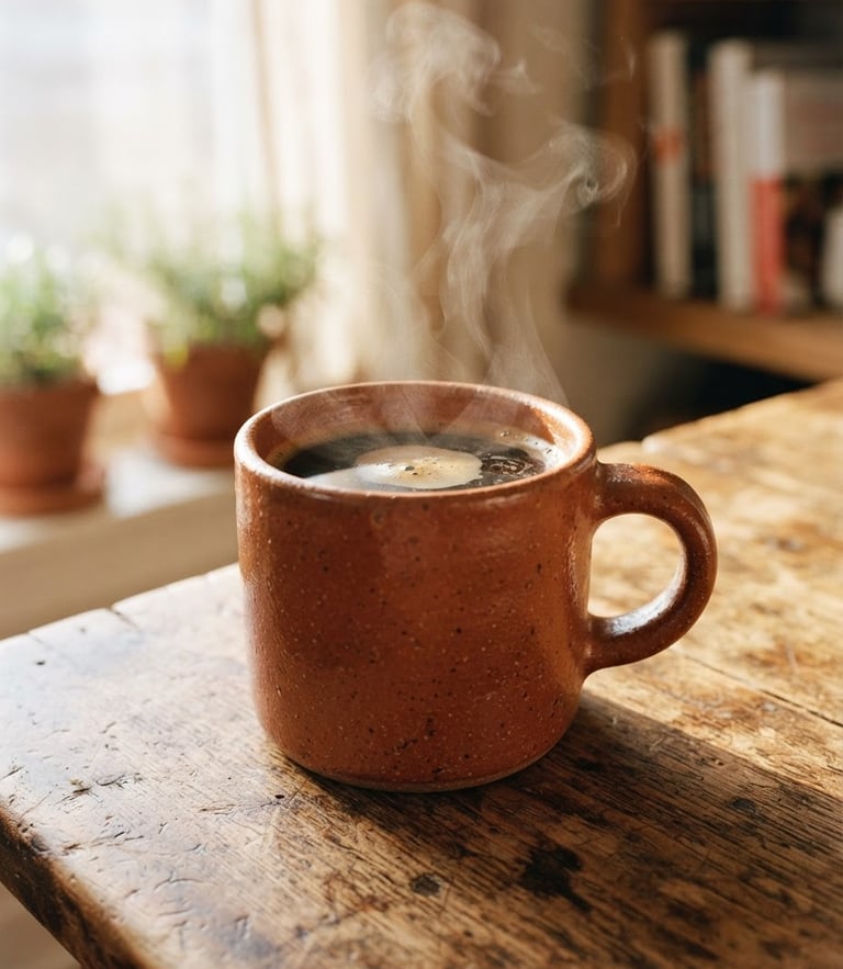 Close-up of a chunky terracotta mug filled with hot coffee, steam rising, placed on a rustic kitchen table in warm morning sunlight, 35mm film grain