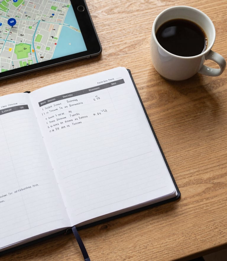 A top-down view of a clean wooden desk in London, containing an organized planner, a tablet showing a local map with a pinned business, and a ceramic cup of coffee, bright overcast daylight