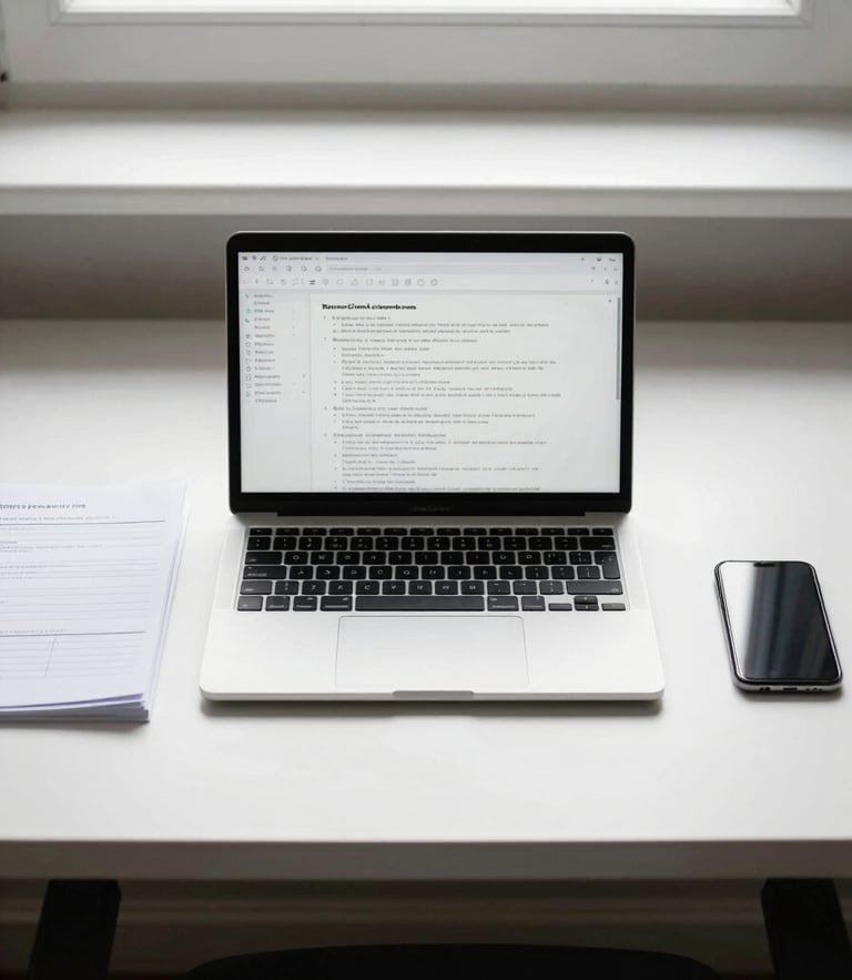 A clean, organized London workspace with a laptop, formatted documents, and a smartphone on a white desk, bright overcast daylight, straight-on framing.