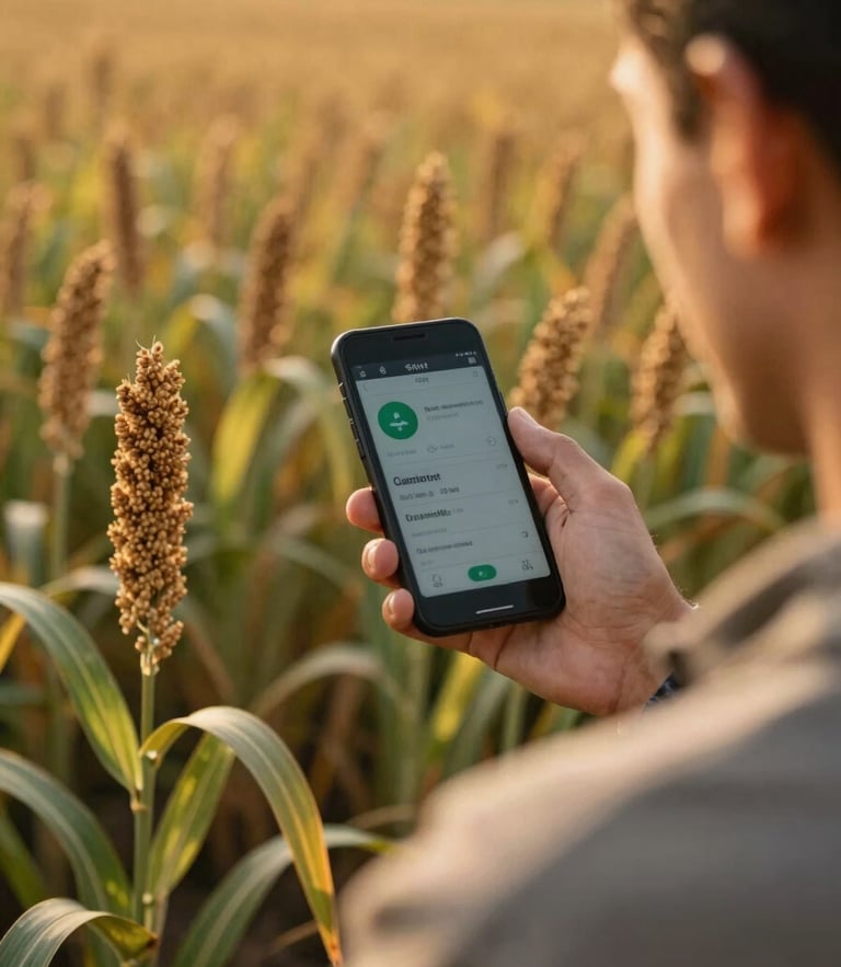 Over-the-shoulder shot of an agronomist using a mobile dashboard in a golden-hour millet field, warm natural lighting, shallow depth of field, 35mm