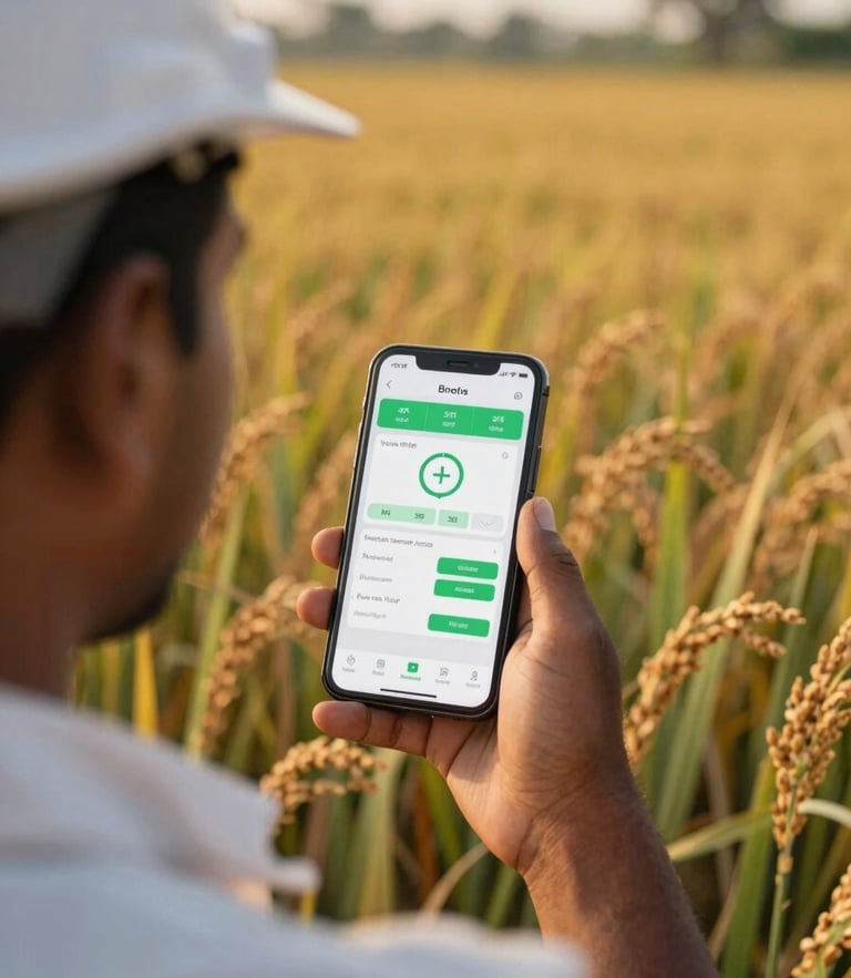 Over-the-shoulder shot of an engineer in a golden-hour Karnataka ragi field, showing a clean mobile dashboard interface with green data overlays, shallow depth of field, 35mm.