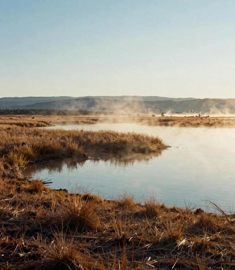 Wide landscape view of planned Utah wetland plot at early morning golden hour, mist rising from the water, 35mm film look