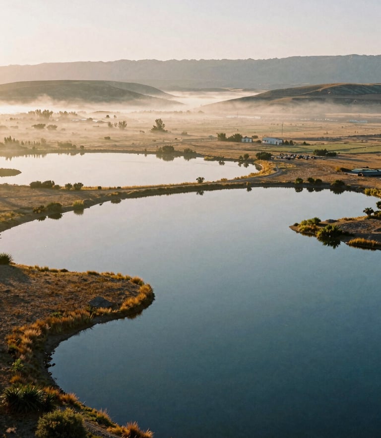 Aerial view of a planned Utah wetland habitat at early morning golden hour, water reflecting soft mist, natural documentary photography look.