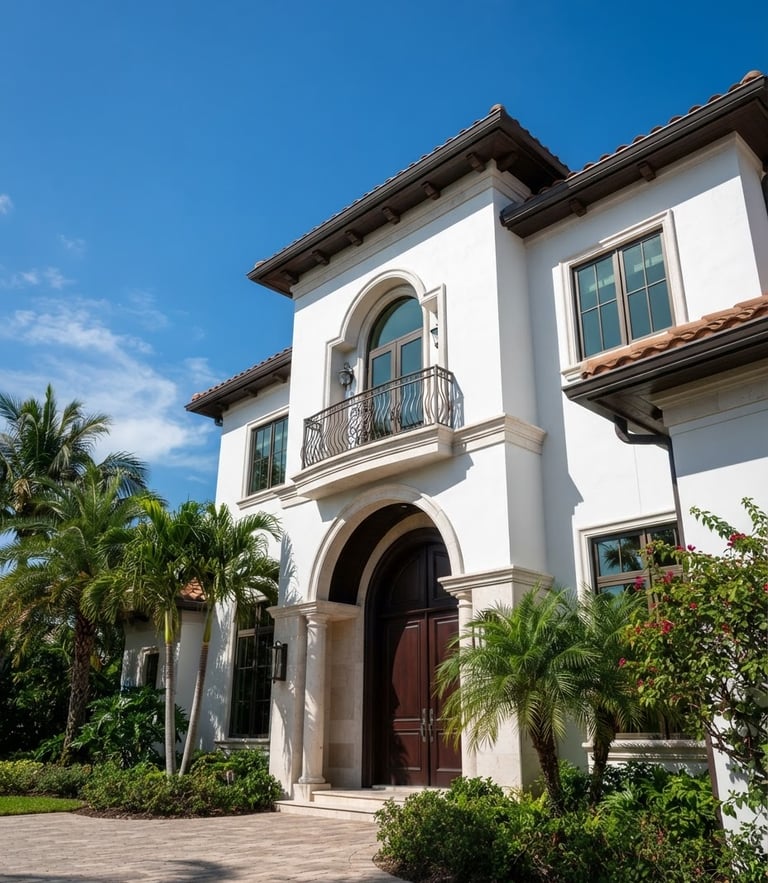 Low-angle architectural photography of a luxury Florida estate with pristine white stucco walls, sharp shadows, bright natural sunlight, 35mm lens