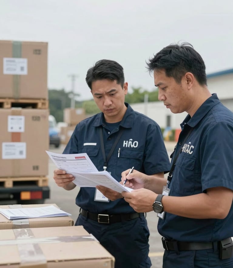 A medium-wide environmental shot of two medical logistics officers reviewing shipping manifests next to cargo crates, soft natural overcast daylight, clean desaturated cool tones.