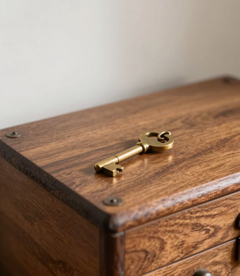 Elegant close-up of a sunlit vintage wooden chest with a brass key, warm editorial photography, soft natural daylight, shallow depth of field.