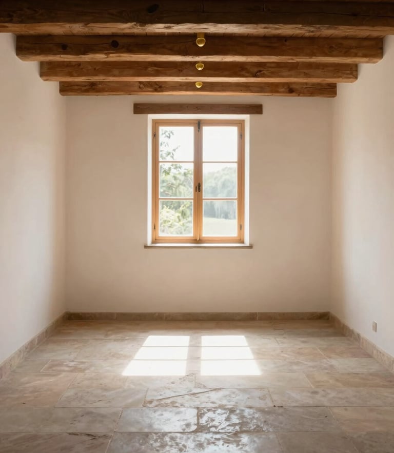 A spacious, completely empty and swept stone room in a traditional Gard house, sunbeams cutting through the window, clean and peaceful.
