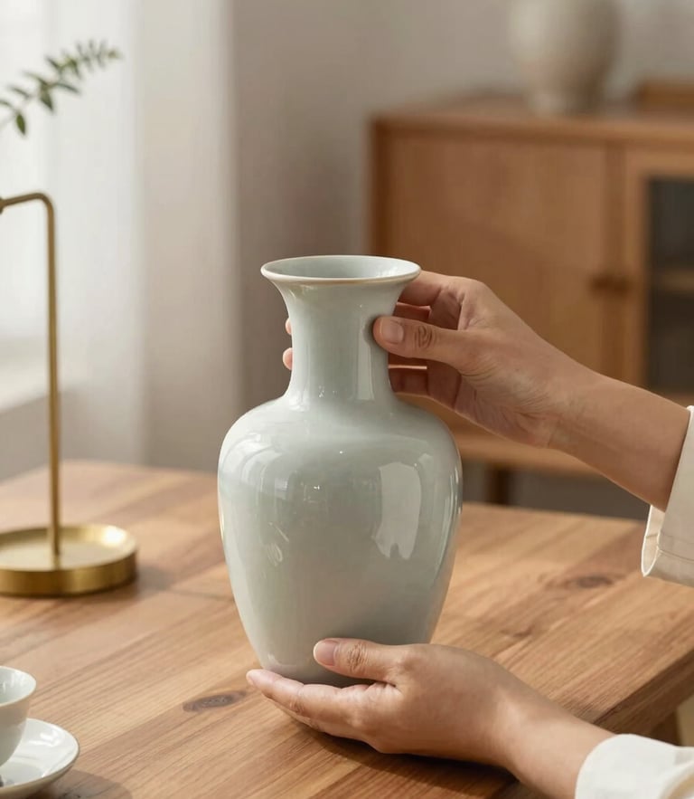 Elegant close-up of hands carefully inspecting a vintage ceramic vase in a sunlit room, warm wood tones, soft natural daylight, shallow depth of field