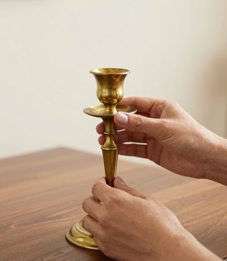 Close-up of hands polishing a vintage brass candlestick, warm editorial lighting, soft focus background.