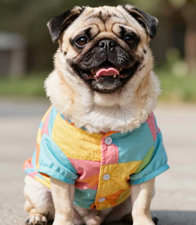 A cheerful pug wearing a colorful custom-fit summer shirt, sitting happily in bright natural daylight, shallow depth of field, 50mm portrait
