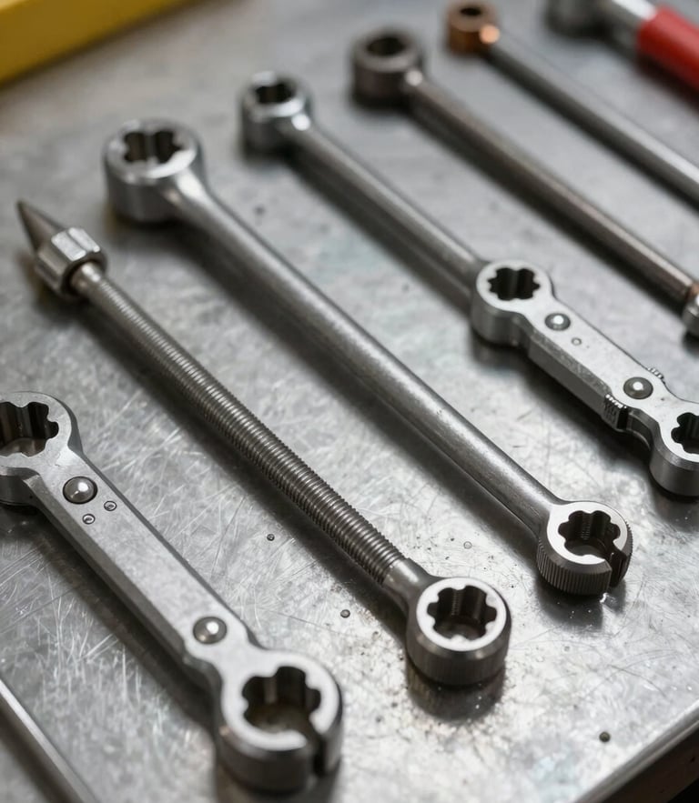Tight macro shot of mechanical tools arranged neatly on a clean steel workbench, natural workshop lighting