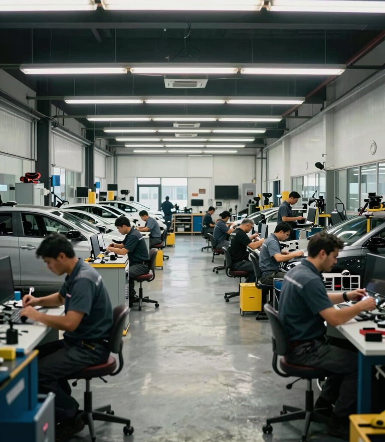 Wide environmental shot of a clean, highly organized auto shop floor, mechanics working in the bays under cool fluorescent lighting, high contrast.