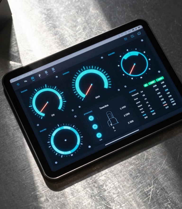 Extreme close-up overhead shot, bright studio lighting with sharp directional shadows, high-fidelity software UI mockup of a clean technical dashboard with neon-cobalt data readouts on a brushed metal workspace.
