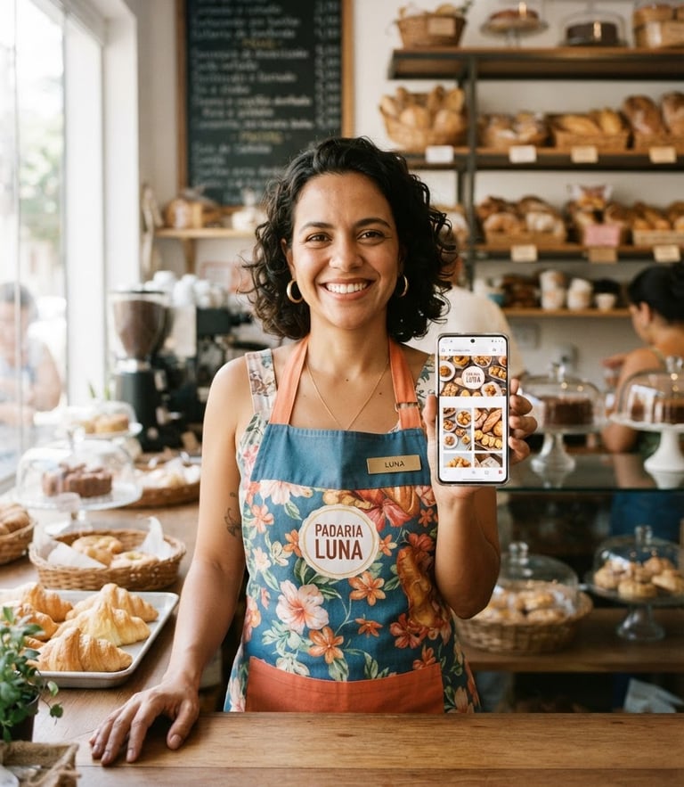 Bright modern photography of a smiling Brazilian business owner in their local bakery, natural daylight, holding a phone showing their new website, 35mm