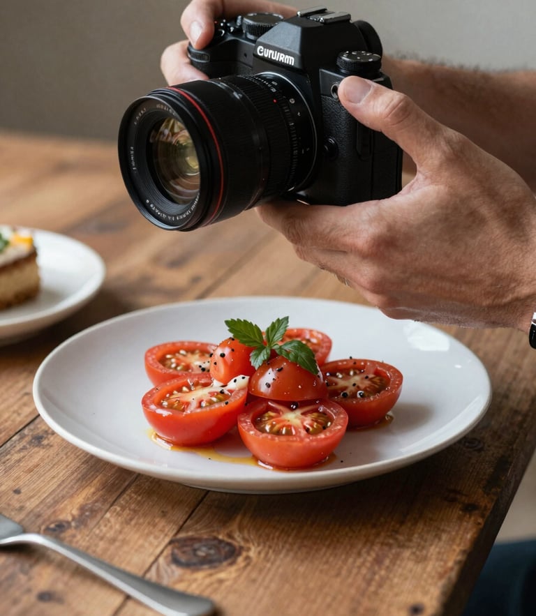 Close-up of hands holding a camera over a rustic wooden table, capturing a freshly plated heirloom tomato dish under soft morning light.