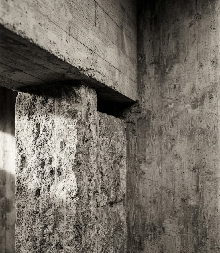 Tight off-center monochrome architectural close-up of stone pillars meeting concrete beams, dramatic side lighting, textured brush background, desaturated warm tones, medium format film.