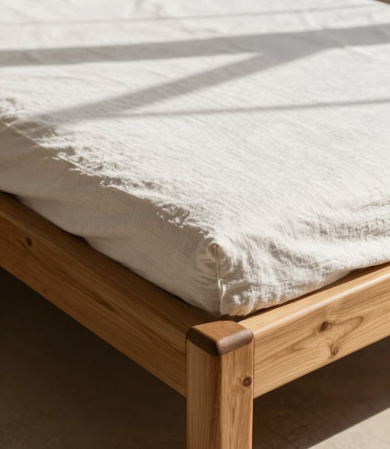 Close-up of a sun-dappled teak daybed with soft white linen, natural Mediterranean sunlight casting long shadows on the wood texture.