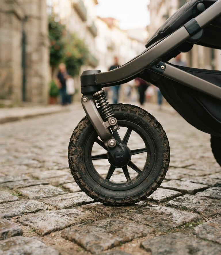 Close-up of all-terrain stroller wheel and mechanical suspension joint on textured cobblestones, warm editorial photography, soft morning daylight, shallow depth of field