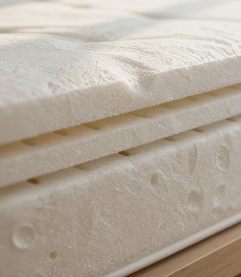 Macro shot of a mattress cross-section showing distinct layers of high-density orthopedic foam and breathable channels, warm editorial photography, soft morning daylight, muted natural tones
