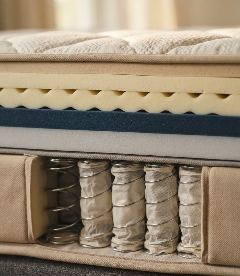Macro detail shot of premium orthopedic mattress cross-section, showing high-density foam layers and pocket springs, warm editorial photography, soft morning daylight, muted natural tones