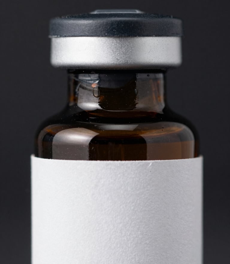 Extreme close-up portrait of a dark glass vial with a matte black cap and a crisp white label, sharp white studio light reflections on the glass surface, dark sterile background.
