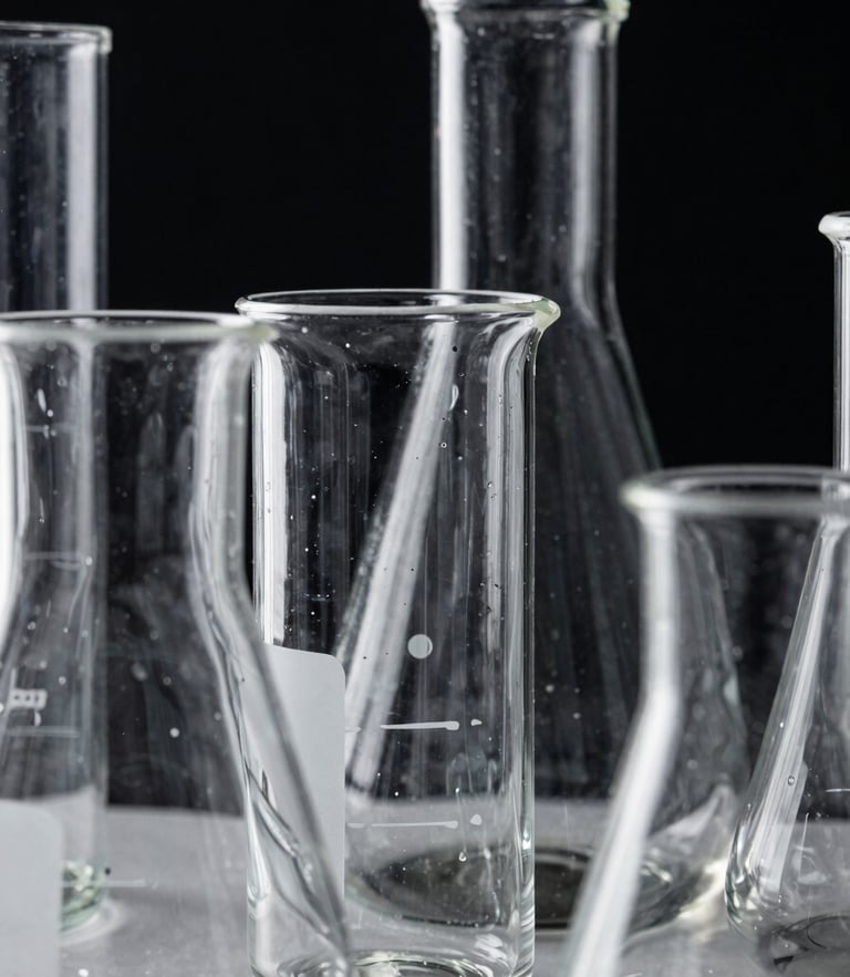 Extreme close-up of high-contrast laboratory glassware, clean reflections, monochrome styling, sharp white studio light highlighting dark borosilicate glass edges against a deep black backdrop.
