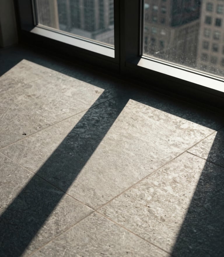 Macro architectural detail of Chicago high-rise window casting sharp geometric shadows on a matte gray stone floor, hard directional afternoon light.