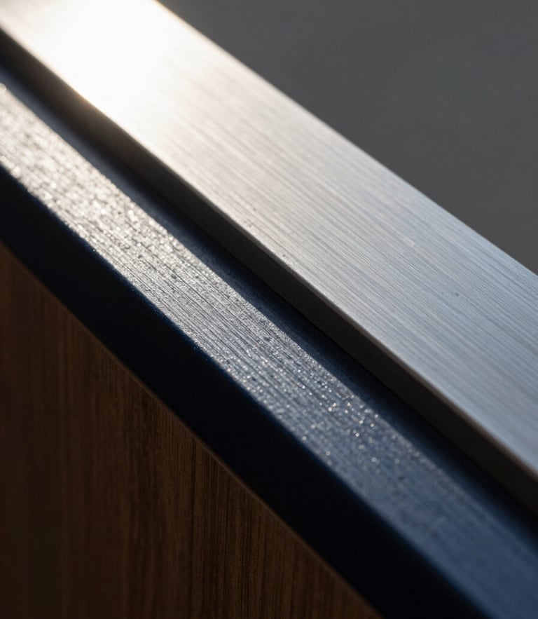 Extreme close-up macro shot of brushed steel and dark navy lacquered wood under hard, directional afternoon sun, casting sharp geometric shadows.