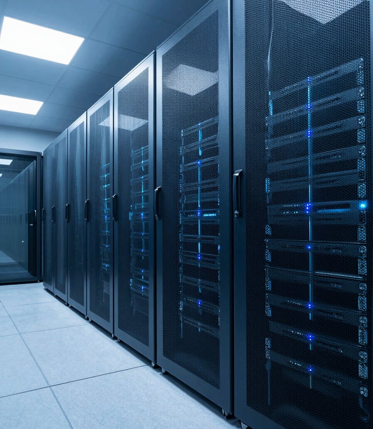 Wide angle shot of a clean, structured server room with cool blue lighting, architectural glass panels, and geometric lines reflecting data flow.