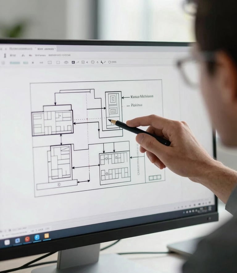 Tight close-up of a technical professional analyzing structured system architecture diagrams on a clean, modern monitor, soft natural window light.