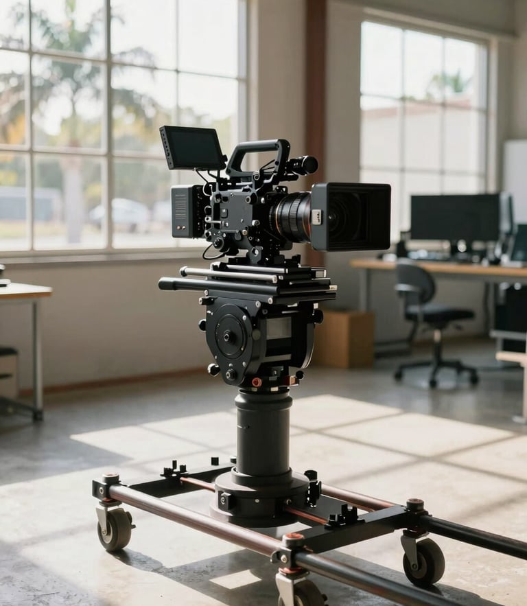 A high-end modern cinematic camera rig on a dolly track, warm sun-drenched Florida daylight streaming through warehouse windows, technical editing bay visible in the background, sharp 35mm composition.