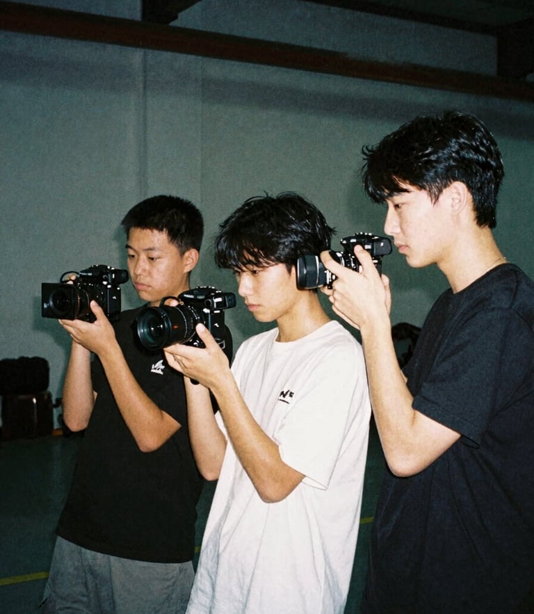 Raw flash photography of young creators filming digital content in an urban warehouse, high-contrast cool tones, 35mm film grain, authentic documentary style