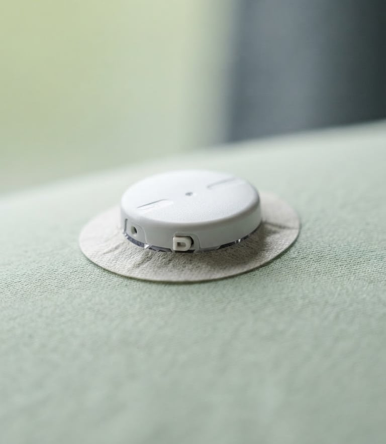 Macro shot of a modern continuous glucose monitor sensor on a clean, light sage green surface, soft natural daylight, shallow depth of field