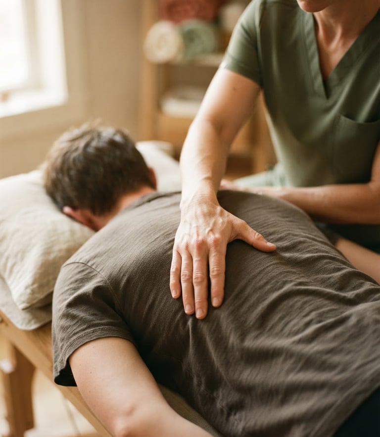 Close-up of hands-on manual therapy, soft natural daylight, muted earth tones, shallow depth of field, 35mm