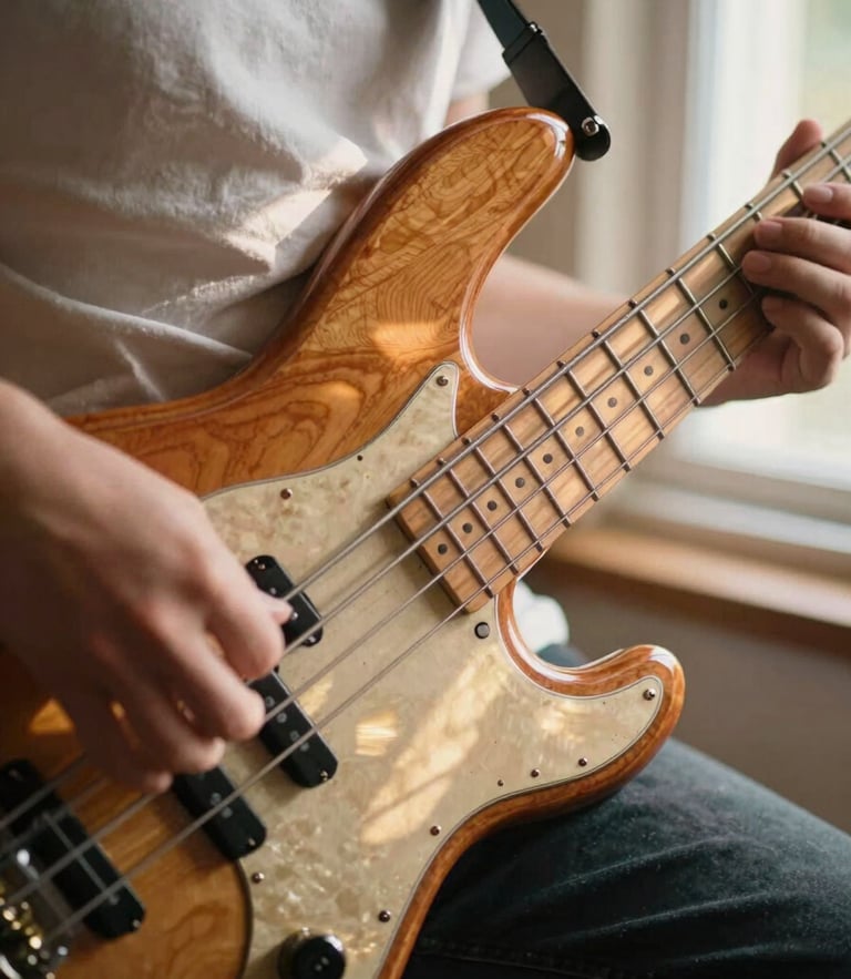 Close-up of hands playing a vintage electric bass, warm residential window light casting soft shadows on the wood grain, 35mm photography